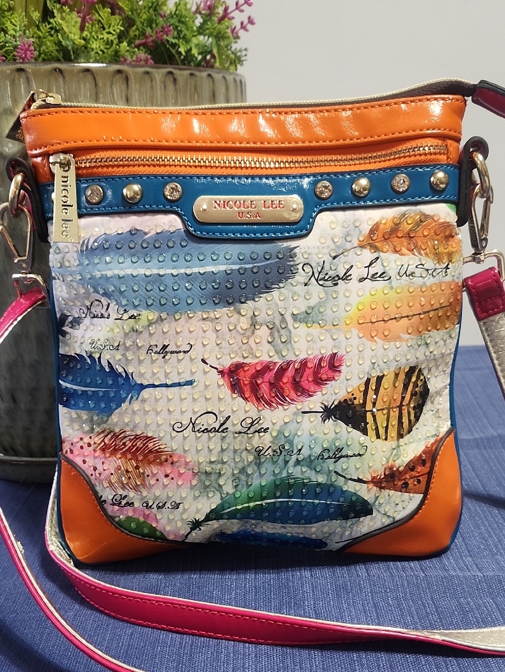Nicole Lee USA Feather Print Crossbody Bag – Rhinestone & Stud Details